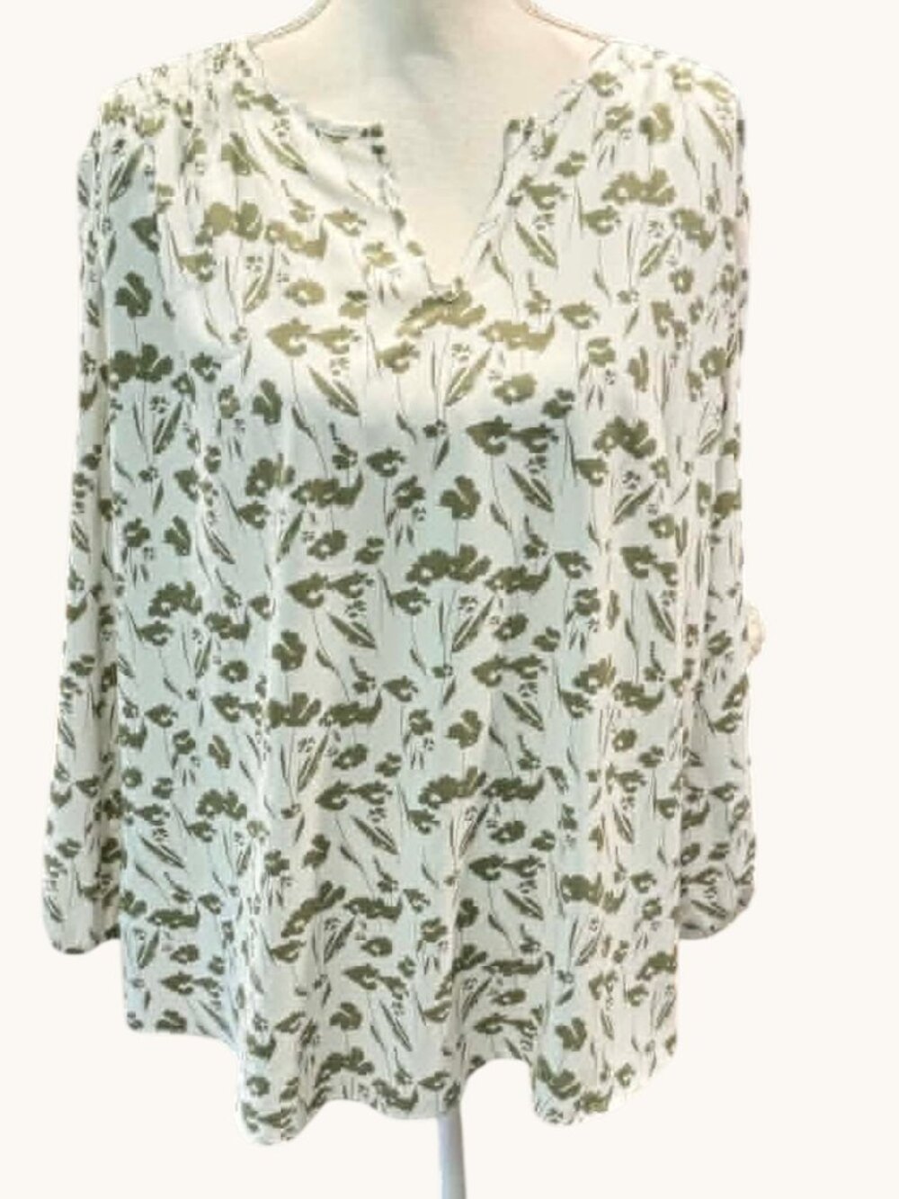 FUN 2 FUN Cream and Green Floral Split Neck Blouse